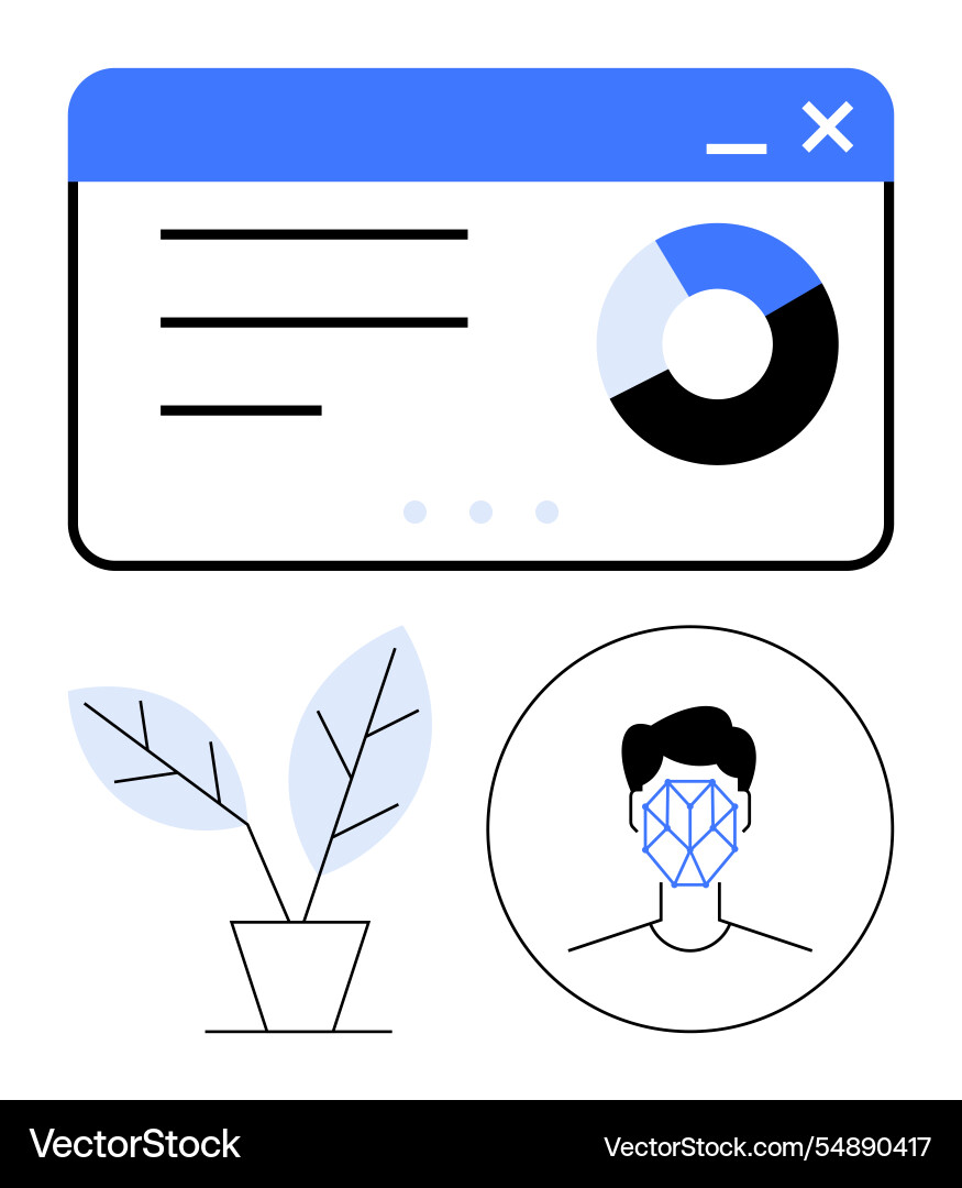 Data dashboard with pie chart facial recognition Data dashboard with pie chart facial recognition Vector Image