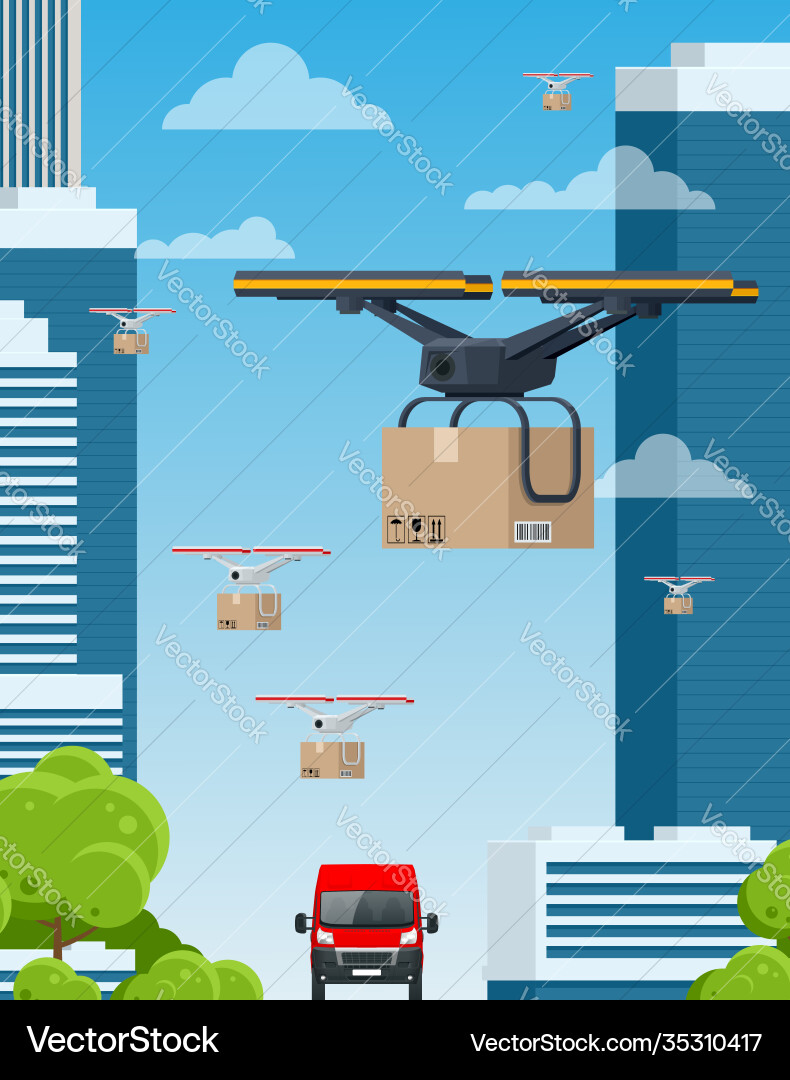 Delivery drone with cardboard box flying over Delivery drone with cardboard box flying over vector image