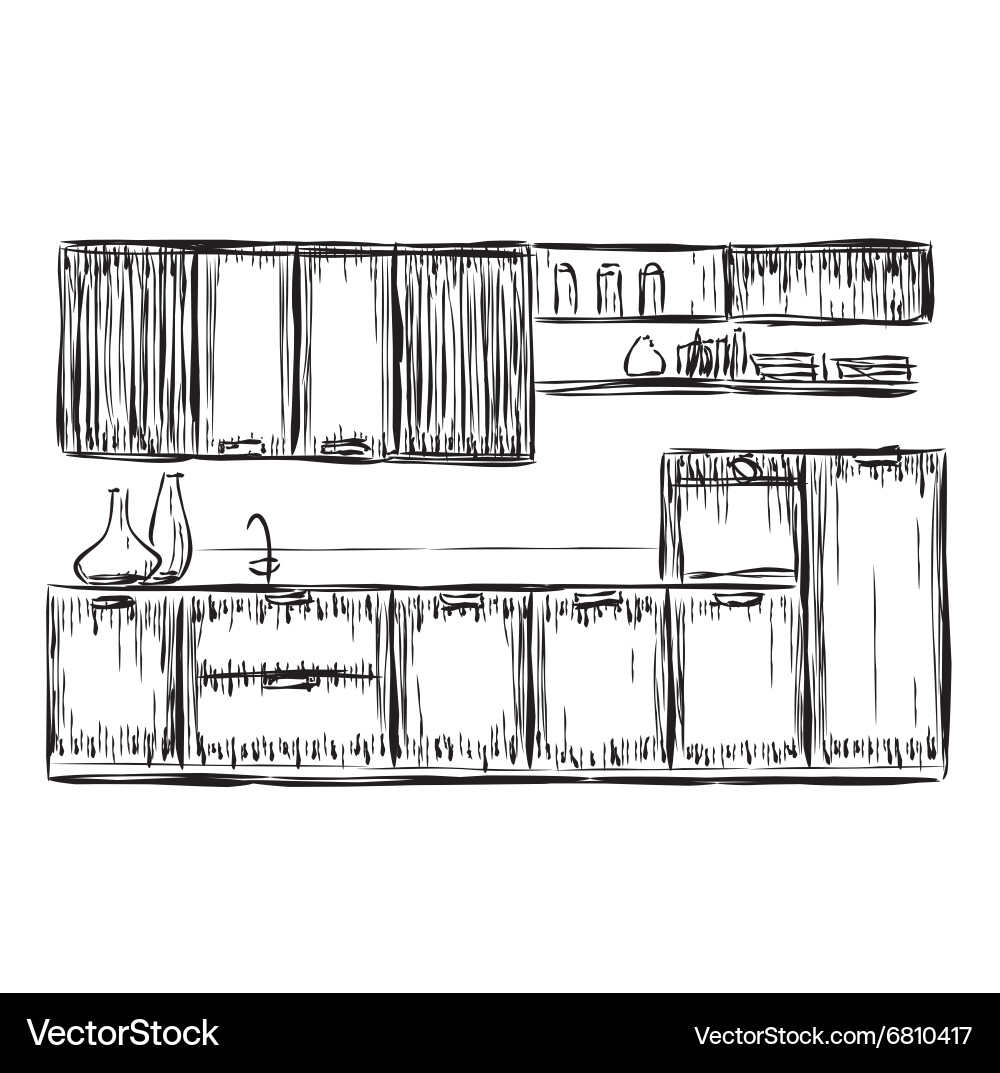 Kitchen interior drawing – Royalty-Free Vector | VectorStock, image size:1000x1073