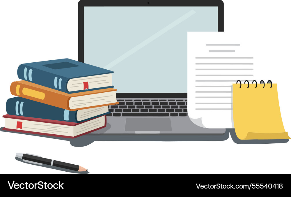 Computer with open screen surrounded by books Vector Image