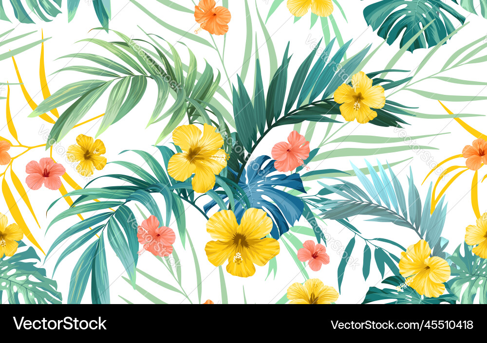 Tropical Monstera & Hibiscus Pattern vector image