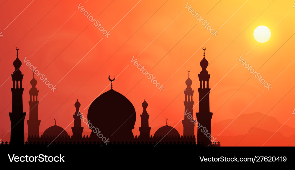 Dunkle Moschee Silhouette auf heiße Sonne orange Himmel Dunkle Moschee Silhouette auf heiße Sonne orange Himmel vektorbild