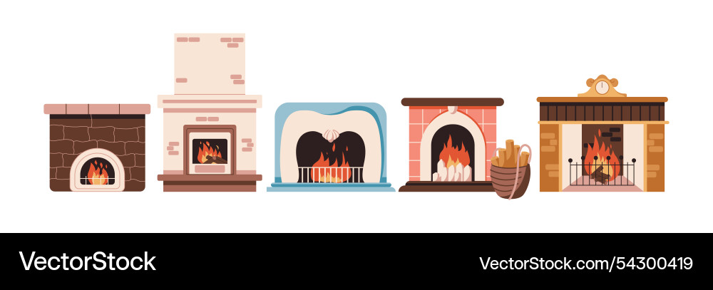 Fireplaces with burning flame flat color objects Vector Image