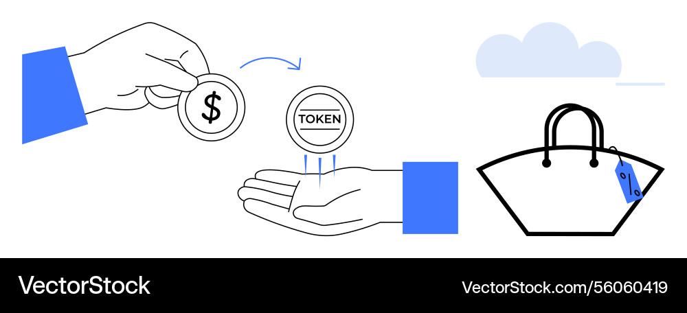 Hands exchanging currency and token representing Hands exchanging currency and token representing Vector Image