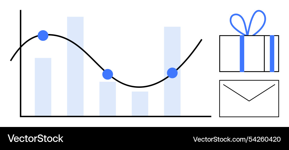 Bar graph with line chart gift box and envelope Bar graph with line chart gift box and envelope Vector Image