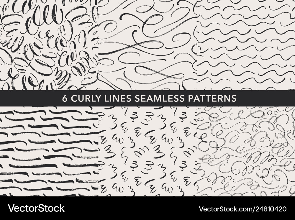Curly lines hand drawn seamless patterns set Curly lines hand drawn seamless patterns set vector image