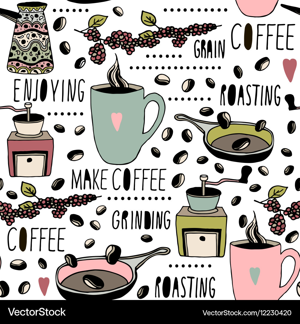 Seamless pattern with coffee objects hand drawn vector image