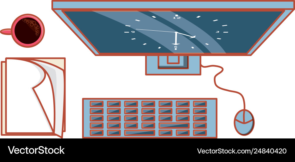 View aerial computer with documents and cup Vector Image