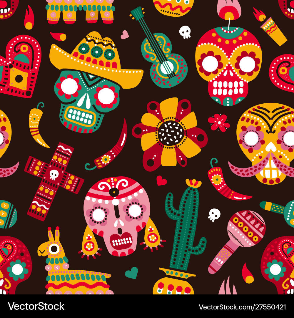 Day dead seamless pattern skulls guitar Day dead seamless pattern skulls guitar vector image