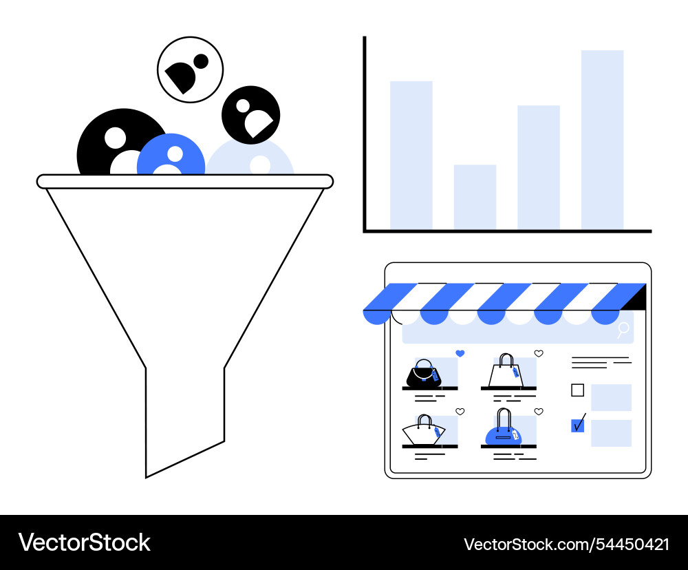 Funnel filtering users with bar chart and online Funnel filtering users with bar chart and online vector image