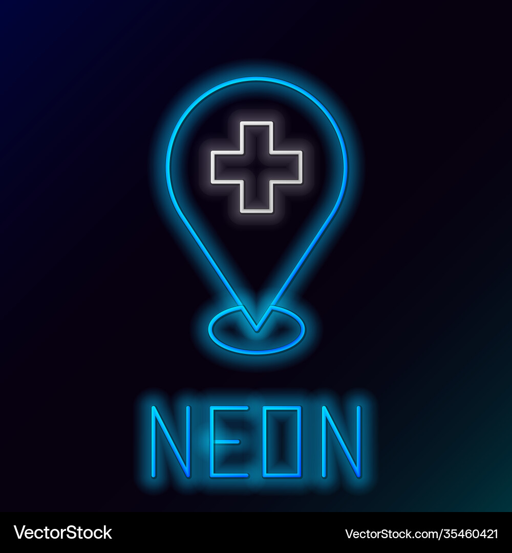 Glowing neon line medical map pointer with cross vector image