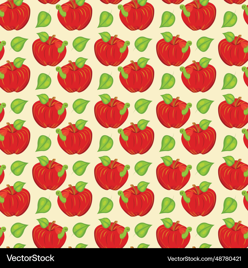 Red apple with a smiling worm seamless pattern Vector Image