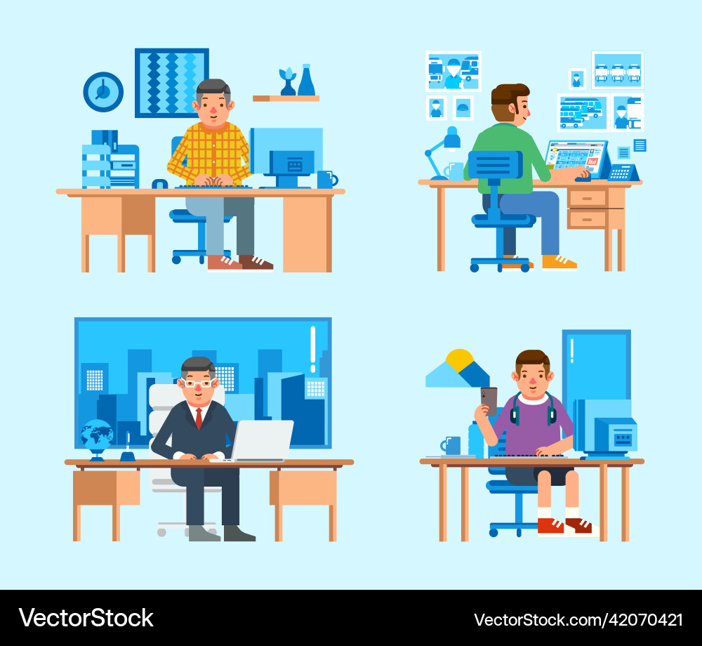 Set isometric of some man character working Set isometric of some man character working vector image