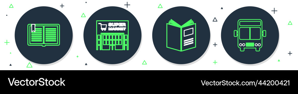 Set line supermarket building open book and bus Set line supermarket building open book and bus vector image