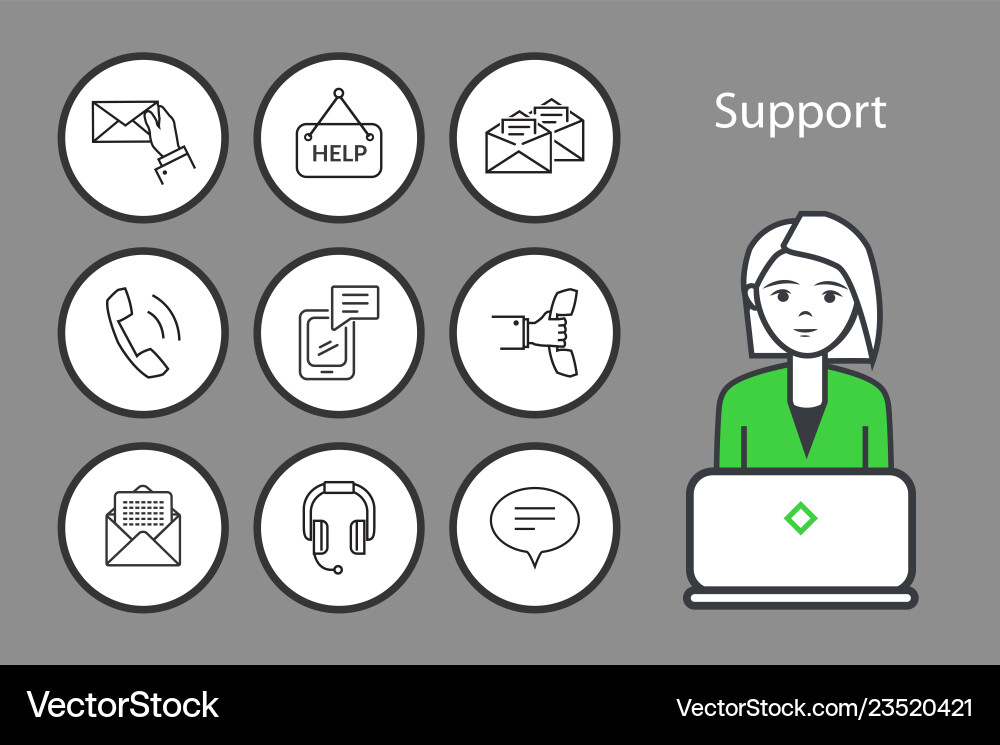 Support and messages envelopes icons set Support and messages envelopes icons set Vector Image