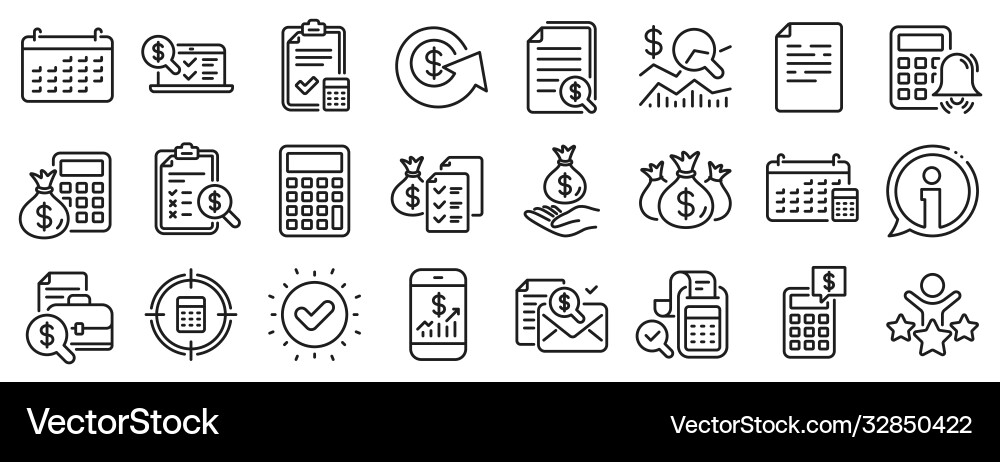 Accounting line icons set calculation check Accounting line icons set calculation check vector image