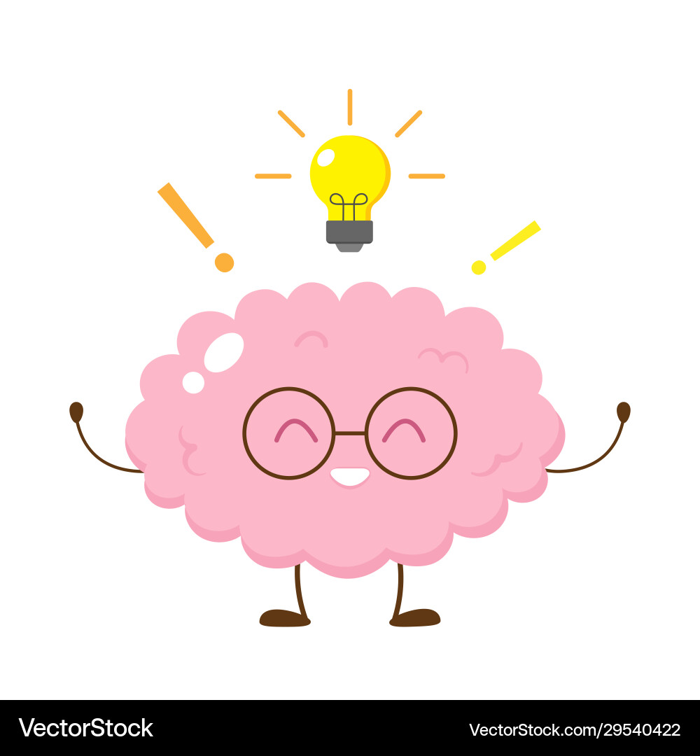 Cute happy human brain in glasses with lightbulb Cute happy human brain in glasses with lightbulb vector image