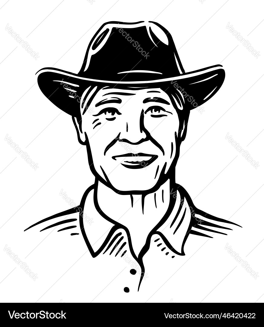 Happy man farmer with hat cowboy portrait Happy man farmer with hat cowboy portrait Vector Image