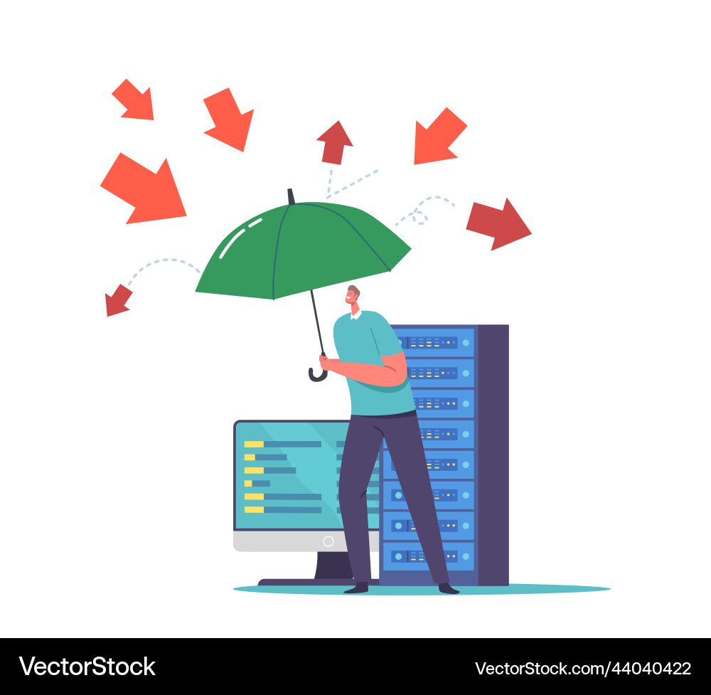 Man with umbrella protect computer from virus Man with umbrella protect computer from virus vector image