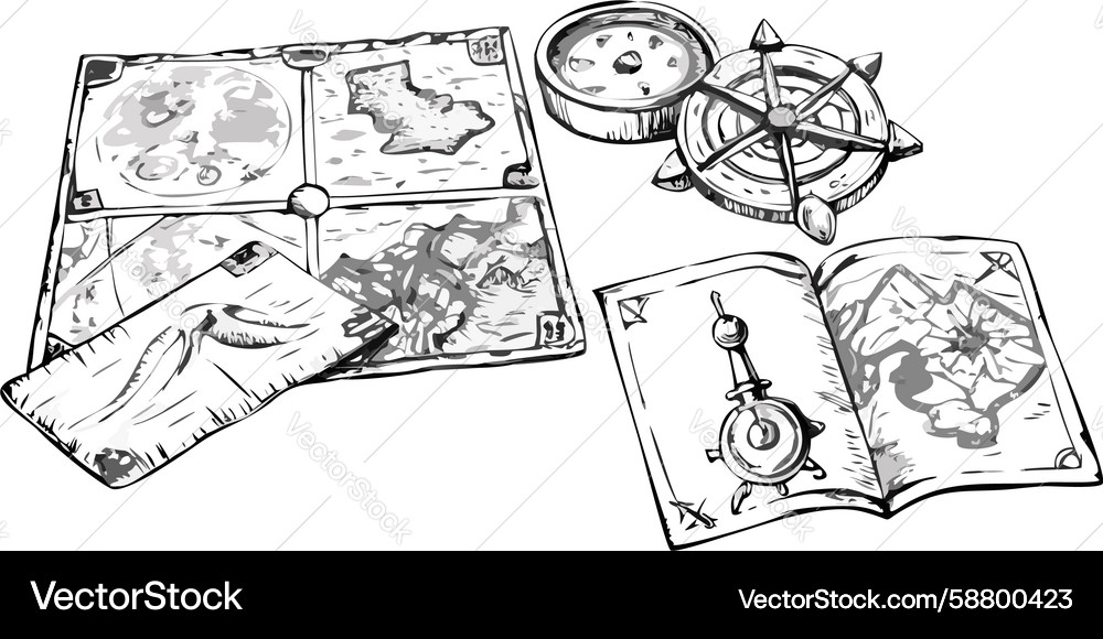 Old maps and compass exploration navigation Vector Image