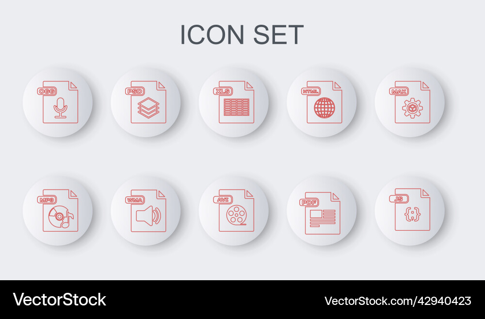 Set line js file document mp3 xls pdf ogg psd Set line js file document mp3 xls pdf ogg psd vector image