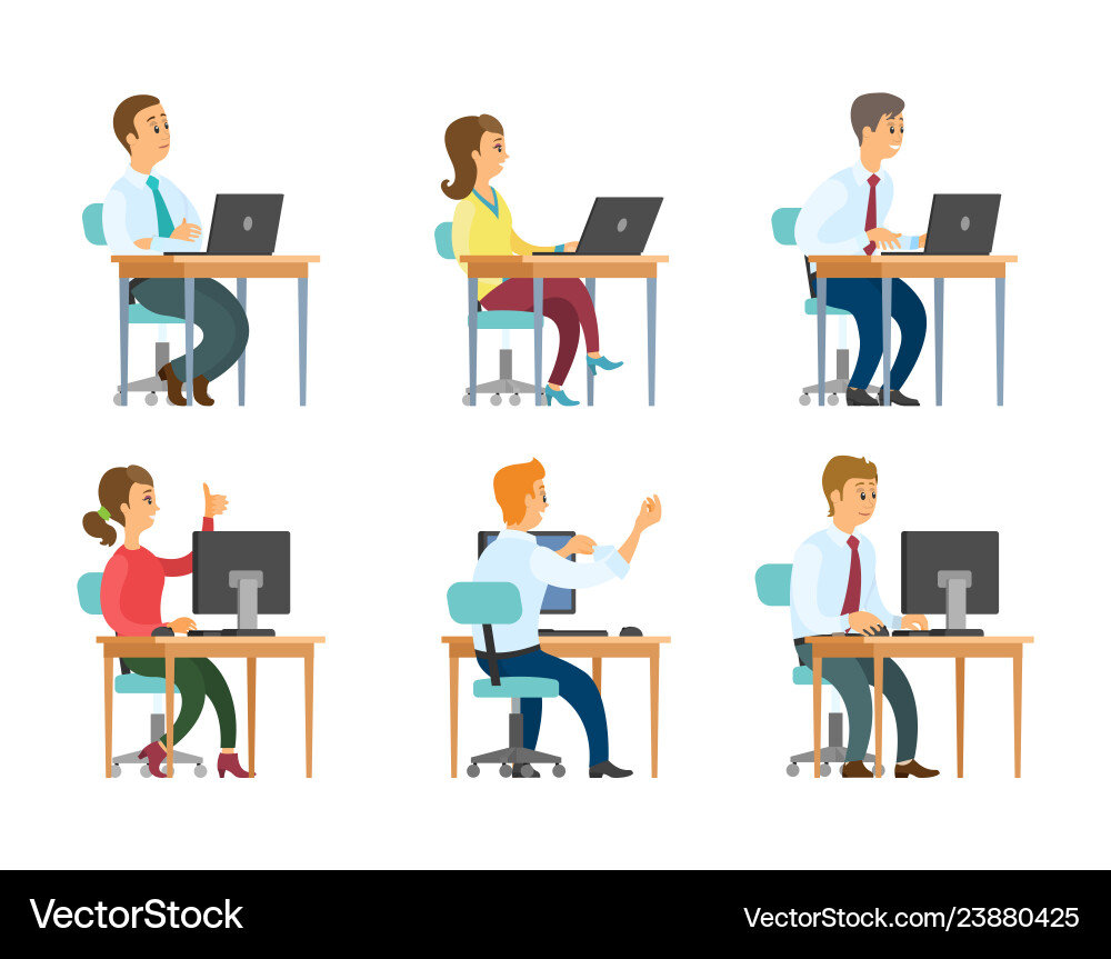 Office workers at computers and laptops business Office workers at computers and laptops business vector image