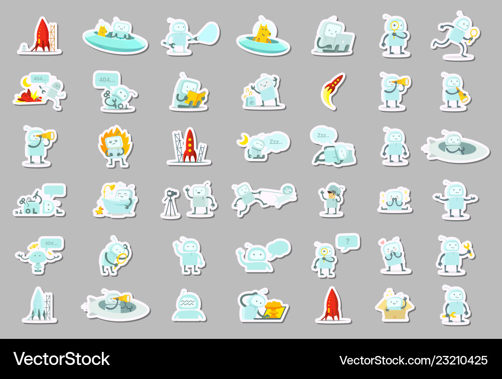 Sticker robots big set character search ufo Sticker robots big set character search ufo vector image