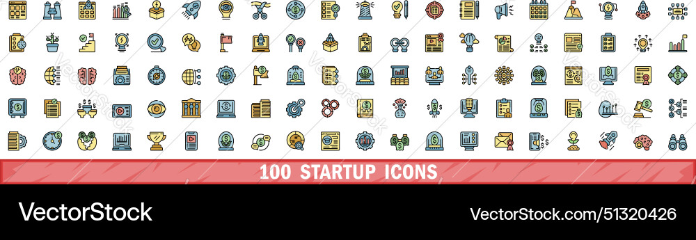 100 startup icons set color line style 100 startup icons set color line style Vector Image