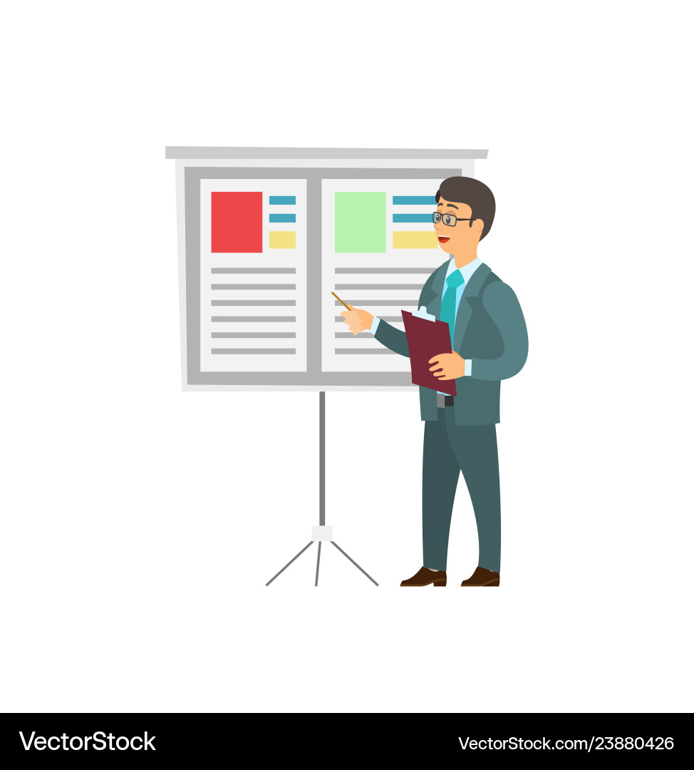 Businessman in suit reporting near board with info Businessman in suit reporting near board with info vector image