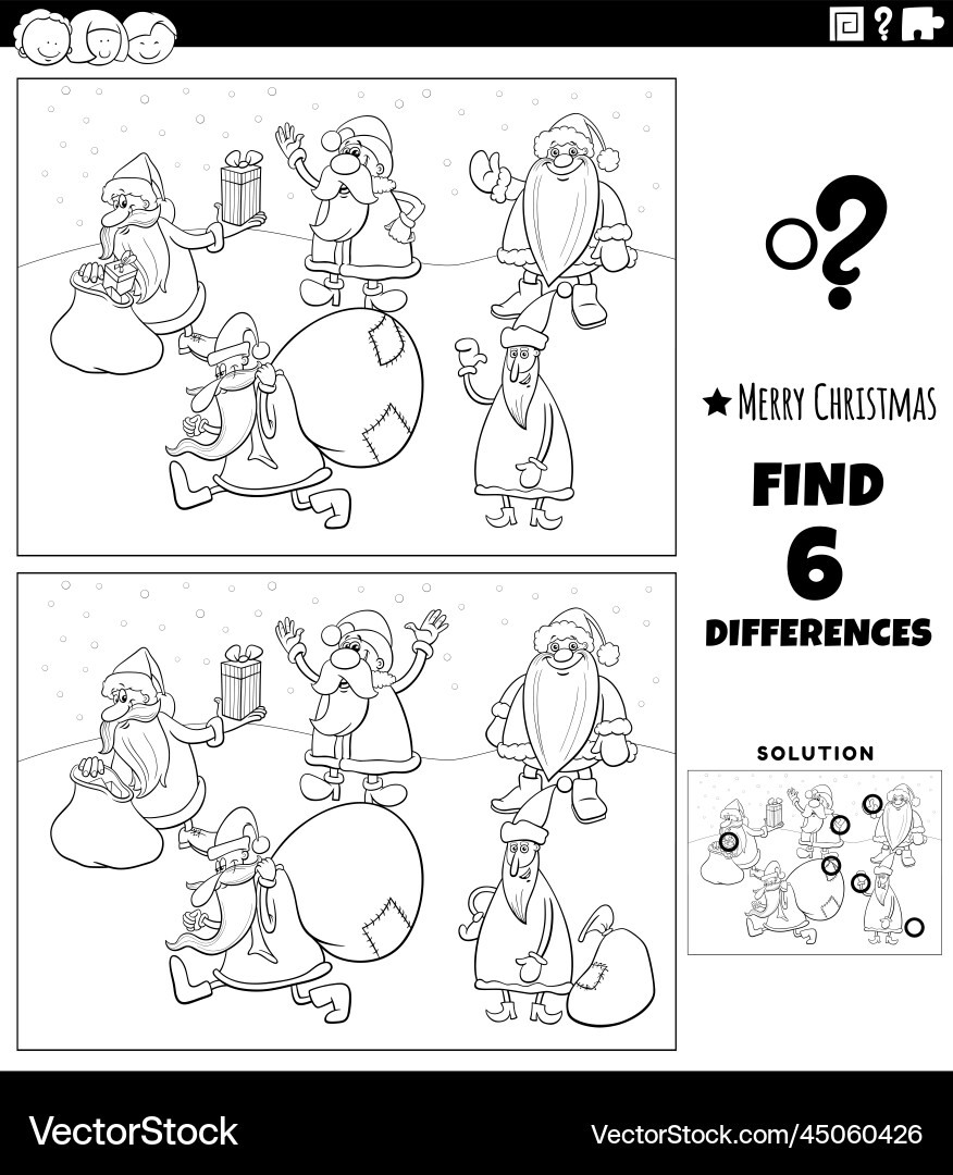 Differences task with santa clauses coloring page Differences task with santa clauses coloring page vector image