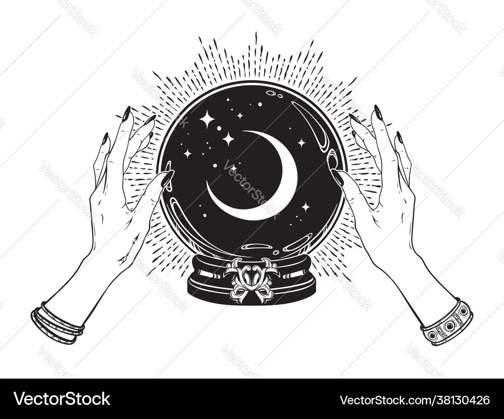 Magic crystal ball with crescent moon and stars vector image