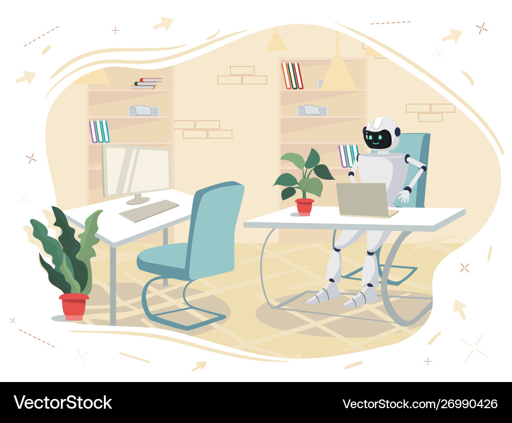 Robot sits at table in front computer office Robot sits at table in front computer office vector image