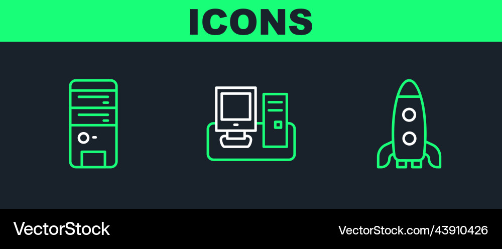 Set line rocket ship computer and monitor Set line rocket ship computer and monitor Vector Image