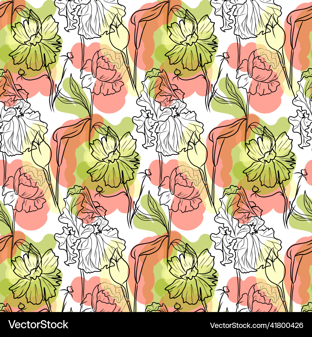 Sketch pattern of calla lily iris and pion Vector Image