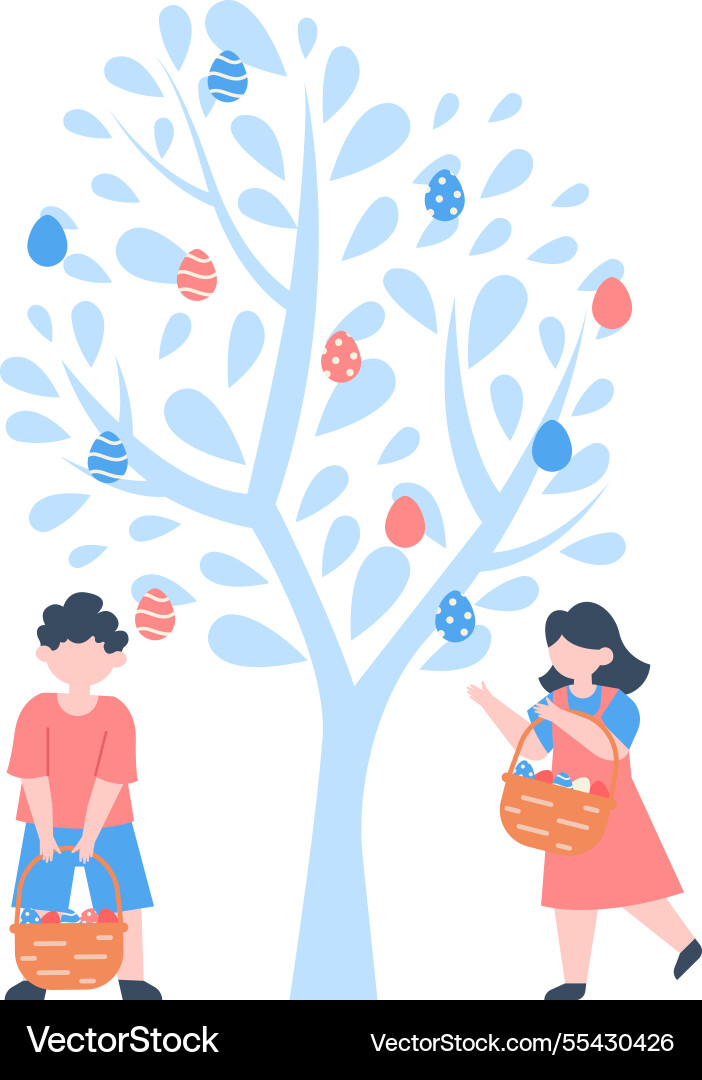 Two joyful children are collecting colorful easter Two joyful children are collecting colorful easter vector image