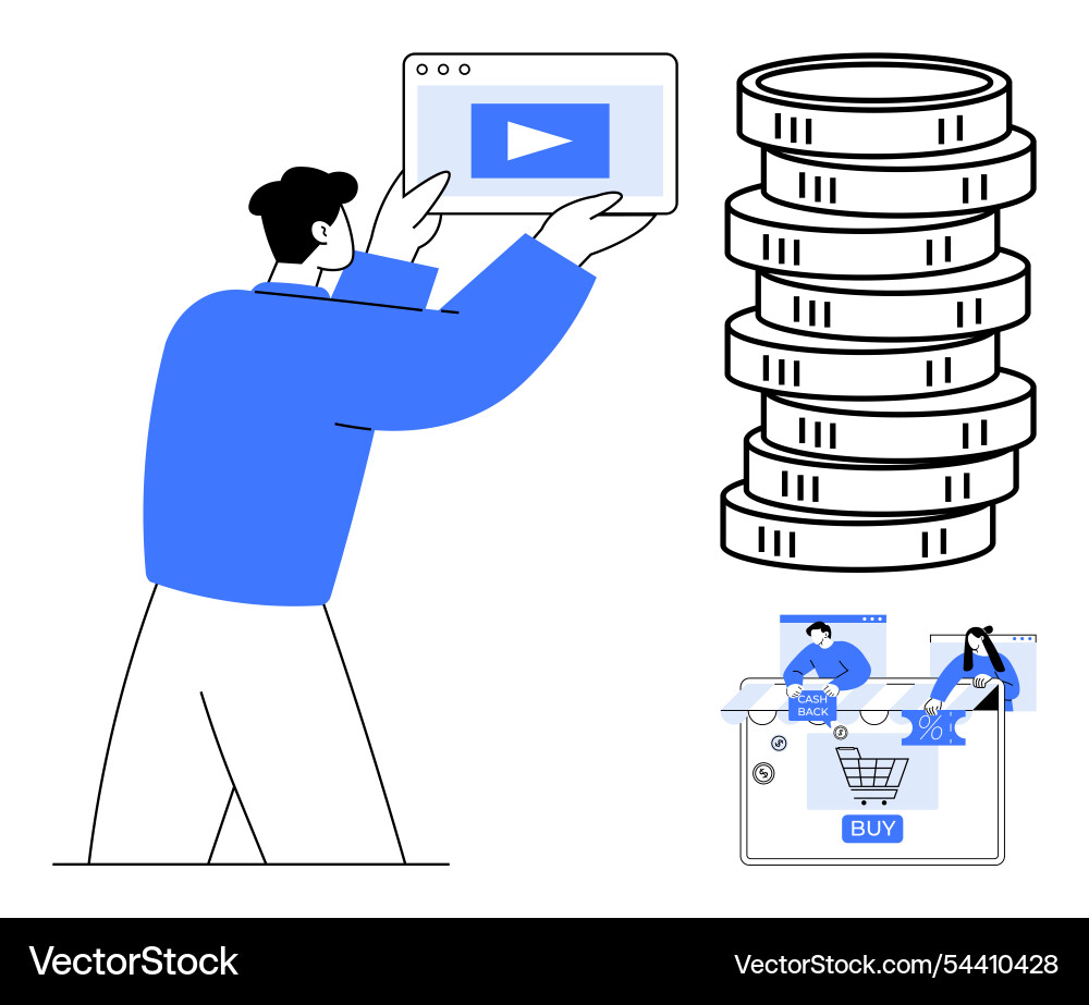 Man holding video player interface with coin Man holding video player interface with coin vector image