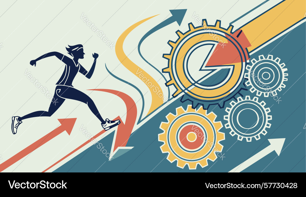 Runner with gears and arrows symbolizing progress vector image