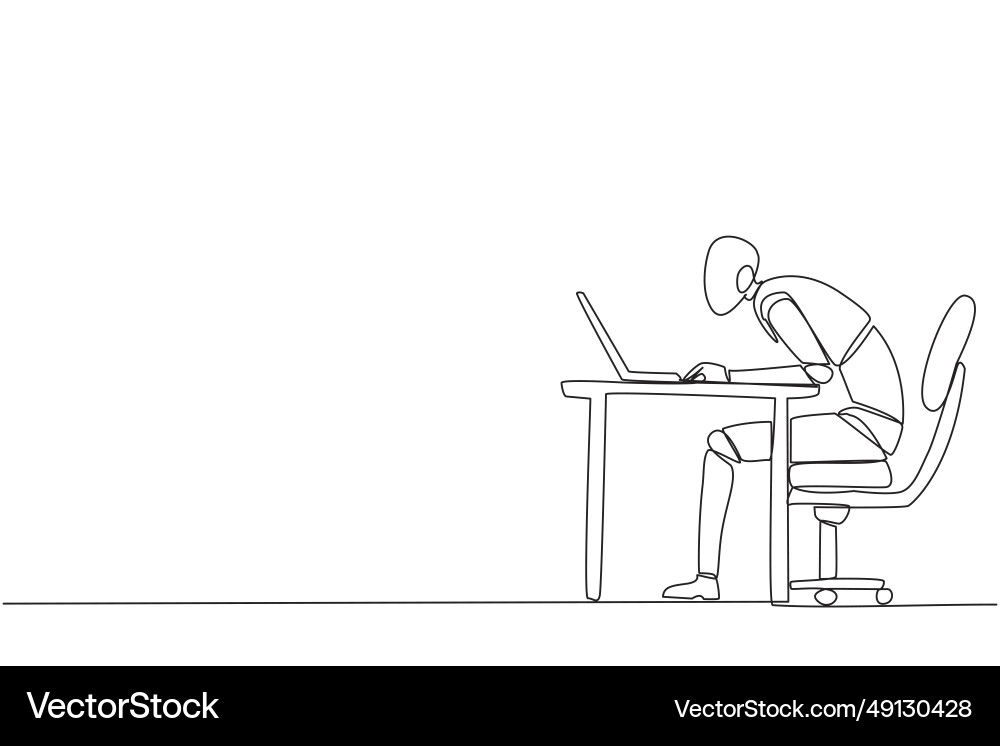 Single one line drawing robot sitting and typing Vector Image