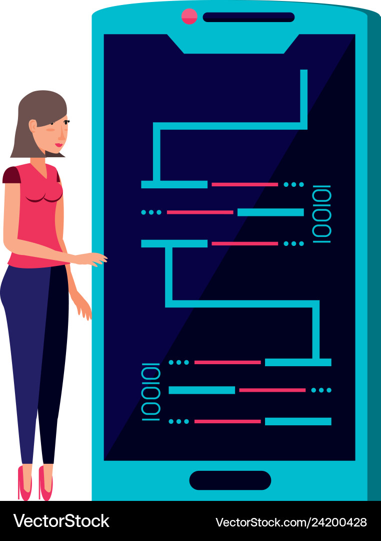 Woman and smartphone with code binary vector image
