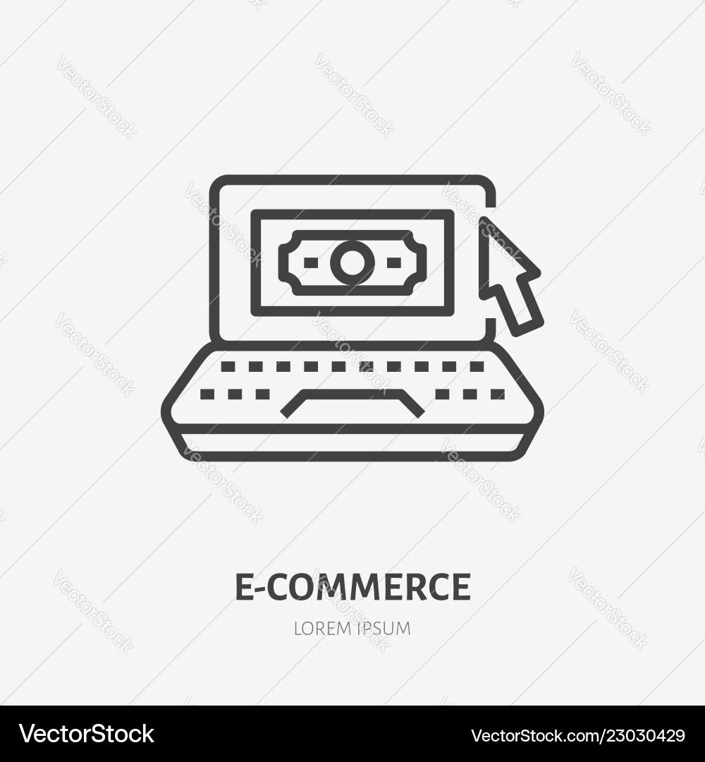 Laptop with money and mouse pointer flat line icon Laptop with money and mouse pointer flat line icon vector image