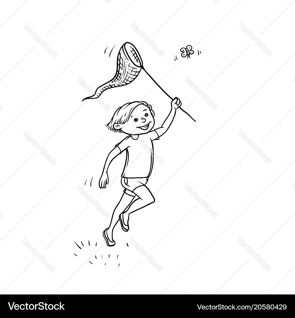Sketch boy run net to catch butterflies Vector Image