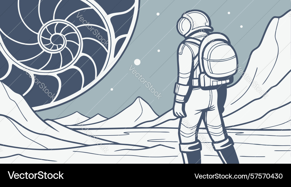 Astronaut looking at giant seashell fossil design Vector Image