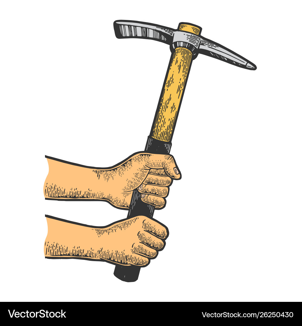 Hands with pick pickaxe color sketch engraving Vector Image