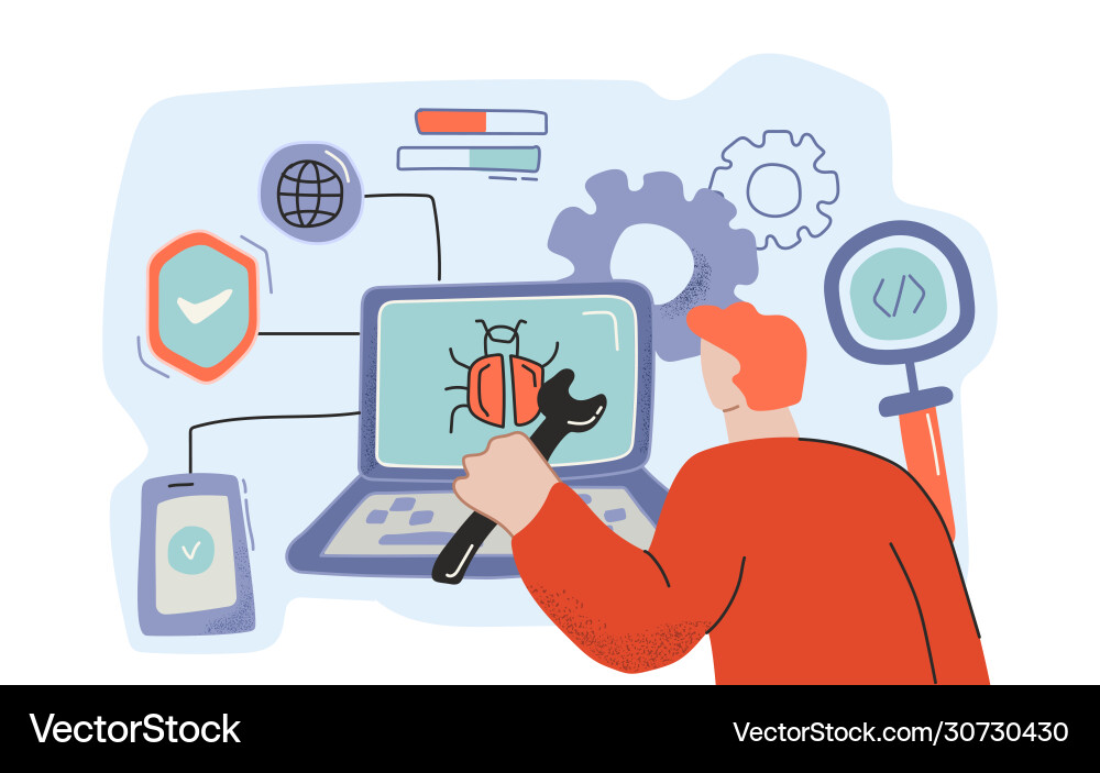 Male cartoon programmer working on bug detection Male cartoon programmer working on bug detection vector image