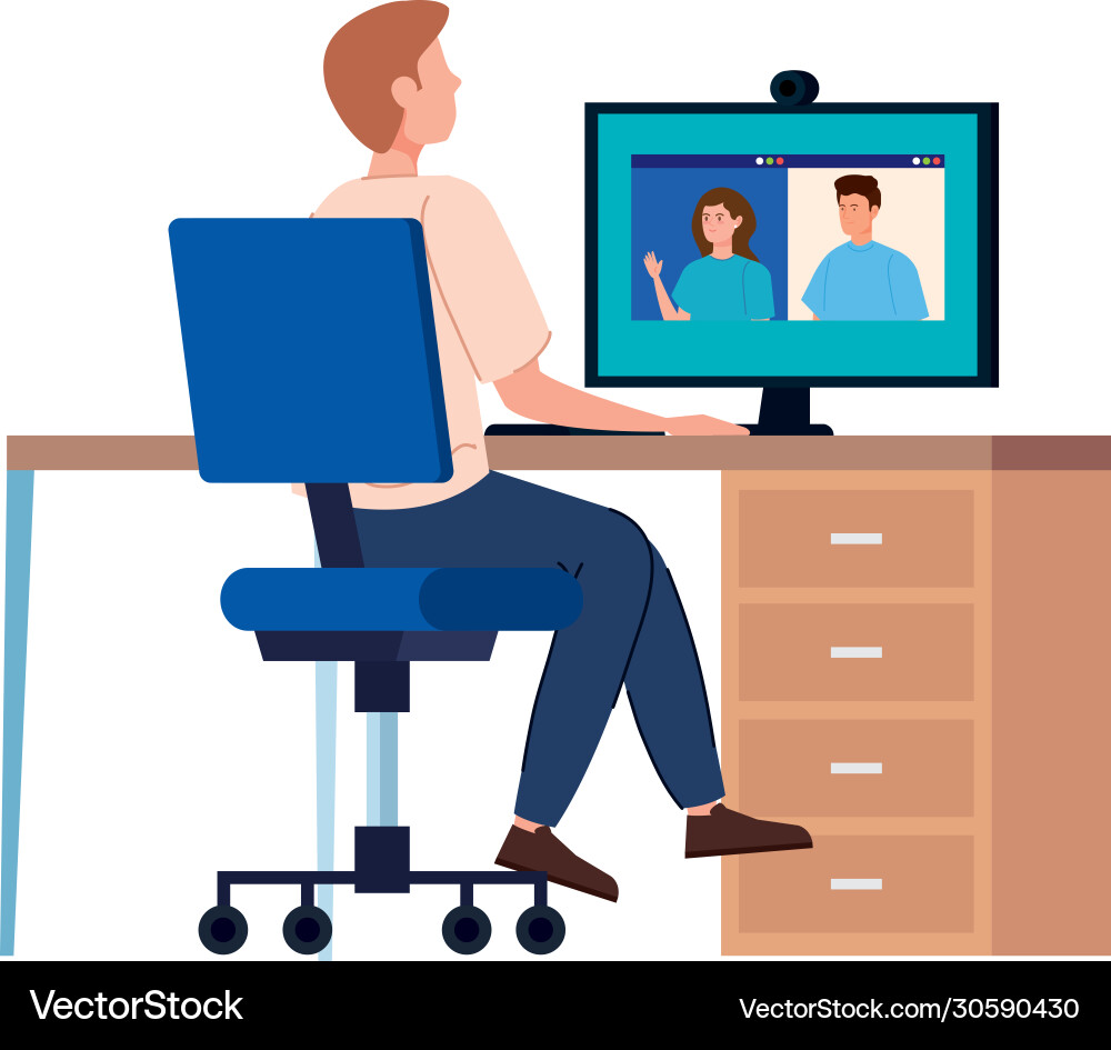 Mann in Videokonferenz mit Computerarbeitsplatz Mann in Videokonferenz mit Computerarbeitsplatz vektorbild