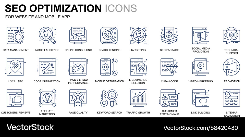 SEO & Web Optimization Line Icons Vector Image