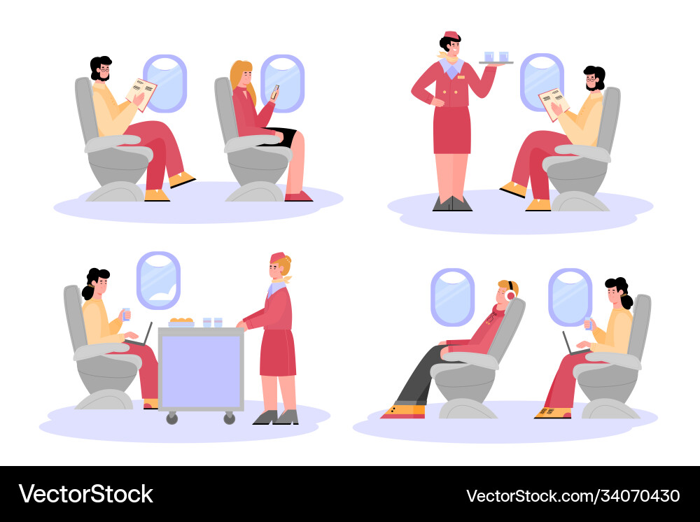 Serving passengers in airplane scenes set cartoon Serving passengers in airplane scenes set cartoon vector image