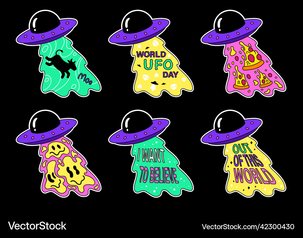 Set of ufo alien spaceship groovy print for t Set of ufo alien spaceship groovy print for t vector image