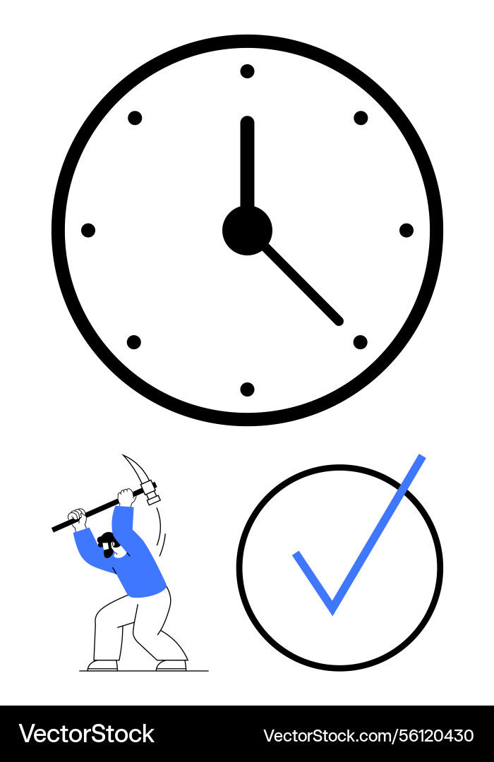 Worker with pickaxe mining time under a clock Worker with pickaxe mining time under a clock vector image