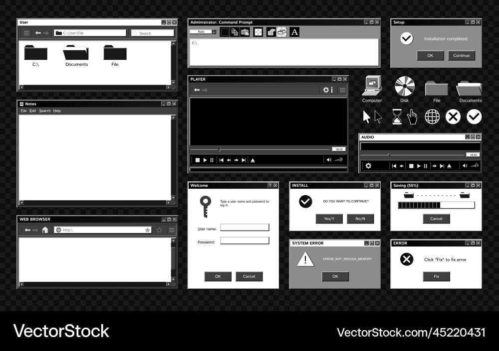 Alte Programme monochromes Set Alte Programme monochromes Set vektorbild